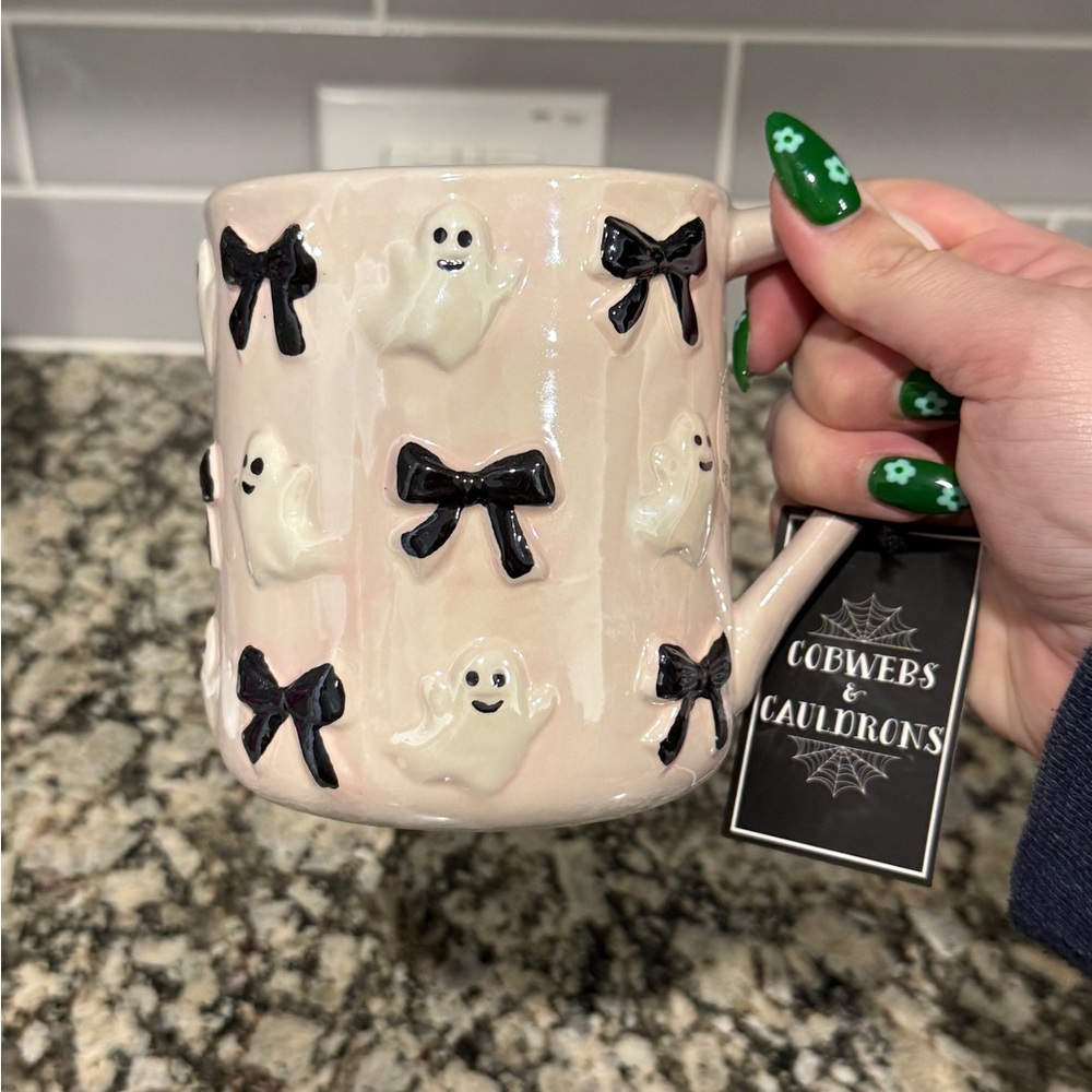 Cobwebs & Cauldrons Ghost Mug - light pink Cream and Black